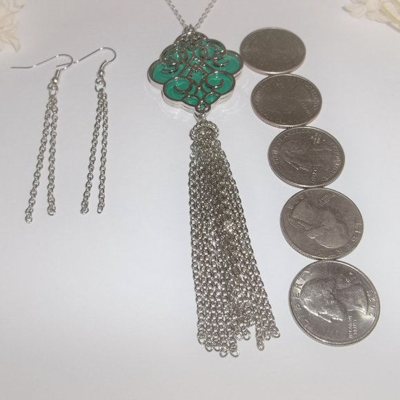 Teal Green and Silver Long Necklace and Chain Earrings Jewelry Set Tassel A596 - Picture 5 of 7